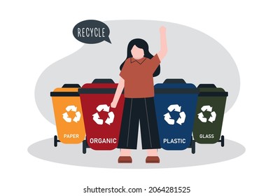 Cute girl promote everyone to separate and recycle garbage. Separation and recycling of various wastes. Waste collection, segregation and reclamation. Environmental protection. Vector illustration