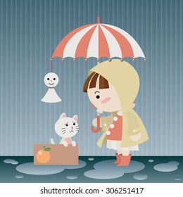 cute girl protect abandoned kitten from rain cartoon vector
