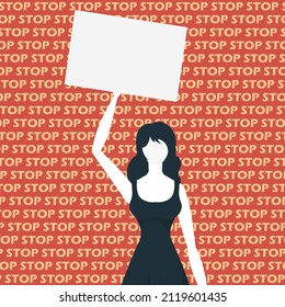 A cute girl is protesting with a banner. The concept of expressing thoughts, dissatisfaction and protests. Flat style. Vector.
