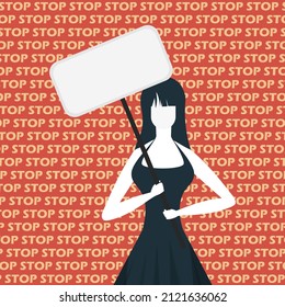 Ein süßes Mädchen protestiert mit einem Banner. Das Konzept des Ausdrucks Gedanken, Unzufriedenheit und Proteste. Flacher Stil. Vektorgrafik.