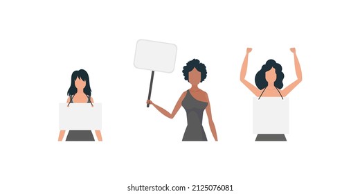 A cute girl is protesting with a banner. The concept of expressing thoughts, dissatisfaction and protests. Set for banners and designs. Vector.