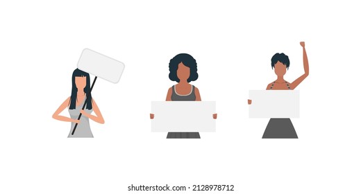 A cute girl is protesting with a banner. Protest concept. Set for banners and designs. Vector.