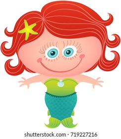 Cute girl proudly smiling while posing and wearing a mermaid costume. This costume has a curly hairstyle, elegant dress with a shell decoration and wonderful body fish with scales, fins and tail