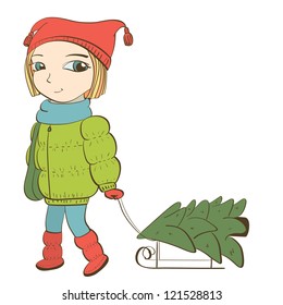 cute girl pulling sled with christmas tree. isolated on white. vector illustration
