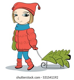 Cute girl pulling sled with christmas tree. Isolated with shadows on white . Vector illustration
