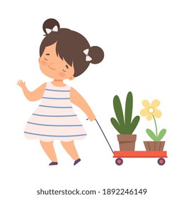 Niña linda sacando carreta de madera con plantas en ollas, niño ayuda a salvar el mundo, naturaleza y protección ecológica Dibujo tipo vector de dibujos animados Ilustración