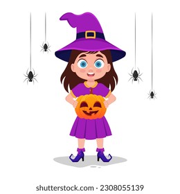 Cute girl with a pumpkin in her hands, halloween holiday