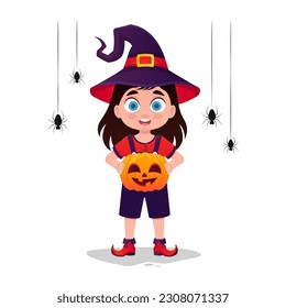 Cute girl with a pumpkin in her hands, halloween holiday