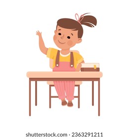 Cute Girl Pupil in Classroom at Desk Raising Hand Have Lesson Vector Illustration