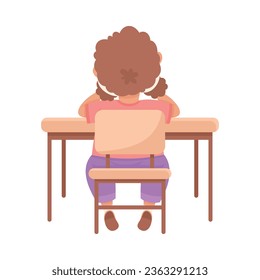 Cute Girl Pupil in Classroom Sitting at Desk Back View Have Lesson Vector Illustration
