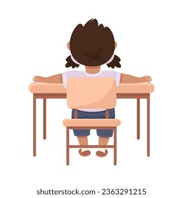 Cute Girl Pupil in Classroom Sitting at Desk Back View Have Lesson Vector Illustration