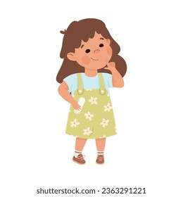 Cute Girl Pupil in Classroom Standing and Thinking Have Lesson Vector Illustration