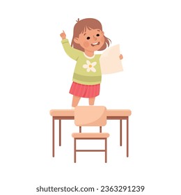 Cute Girl Pupil in Classroom Standing and Reading Have Lesson Vector Illustration