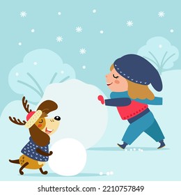 Cute girl and puppy makes snowballs. Happy funny female kid with her little dog playing in winter on snow landscape background. Cartoon child and pet outdoor. Vector illustration, flat design