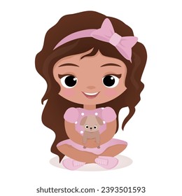 Cute girl with puppy.Cartoon funny child girl with dog. Vector illustration isolated on white background . Child, kids, children with animal. Greeting card, poster, print, banner, pattern. Typography.