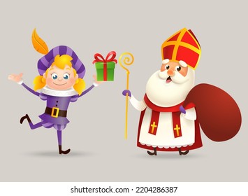 Cute girl with purple costume and Saint Nicholas or Sinterklaas - celebration Saint Nicholas day - vector illustration