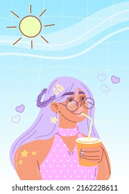 Cute girl with purple hair. Cartoon character drinks soda. Summer illustration. Colorful vector.