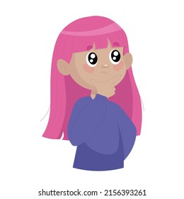 cute girl with purple hair thinks, looks up