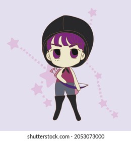 Cute girl in purple sleeveless shirt ,and gray long legging ,and black boots with purple bang hair style, has bow and arrows, on the star zodiac sign Sagittarius background. Hand drawn illustration.