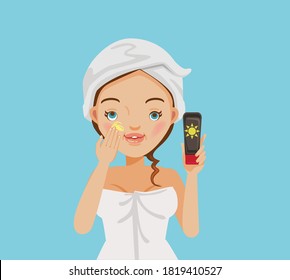 Cute girl is put sunscreen on her face. Skin care nourishing and caring. Teenage cartoon of skin treatment. Vector illustrations isolated on a blue background.