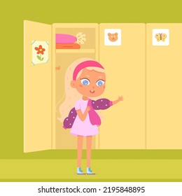 Cute Girl Putting On Jacket In Aisle Of School, Gymnasium Or Kindergarten Locker Room Interior Vector Illustration. Cartoon Kid Standing Near Open Door To Put On Warm Outerwear For Walk In Cold Season