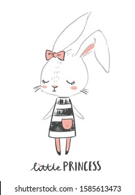 Cute girl rabbit character. Little princess. Hand drawn illustration for nursery wall art. Girl baby shower. Design for baby, kids poster, nursery wall art, card, invitaton.