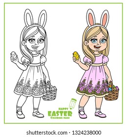 Cute girl in rabbit ears and with baskets of Easter eggs color and outline for coloring on a white background