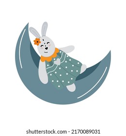 Cute girl rabbit lies on the moon. Character rabbit. Vector illustration isolated on white background