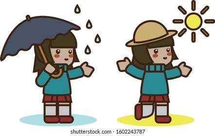 cute girl rain sunny illustration