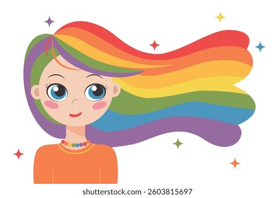 A cute girl with rainbow hair symbolizes the support of the LGBT community. Vector illustration