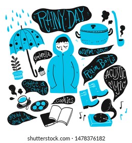 Cute girl with raincoat, a hand-drawn picture elements of a rainy day. Vector Illustration in doodles style.