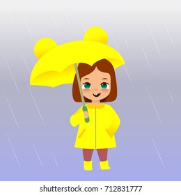 Cute girl in raincoat holding umbrella under the rain. Cartoon style vector illustration.