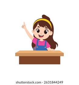 Cute Girl Raising Hand at Desk School Classroom Vector Illustration