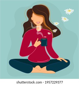 A cute girl in a raspberry blouse sits in a lotus position meditates and drinks tea. Relaxation yoga session with chamomile tea. Sports healthy lifestyle. Flat vector illustration on turquoise.
