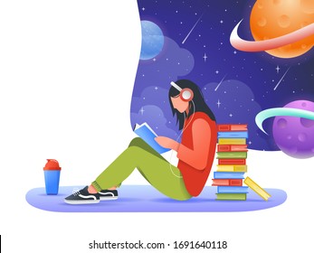 Cute girl reading book about universe, space and planets leaning on a stack of books. A girl is reading a book and is in space. Concept of reading dream big. Relaxed young woman in headphones. Vector.
