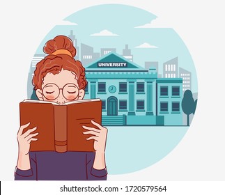 Cute girl reading a book. Back to school vector illustration