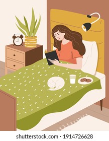 Cute girl reading a book in bed before sleeping. Young woman in bedroom interior with cat, homeplants, cookies and milk. Flat cartoon illustration.