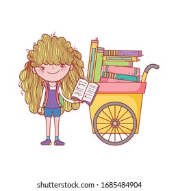 cute girl reading book and cart with many books vector illustration