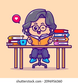 Cute Girl Reading Book Cartoon Vector Icon Illustration. People Education Icon Concept Isolated Premium Vector. Flat Cartoon Style