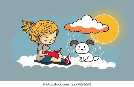 Cute Girl Reading A Book With Cartoon Dog On Sun Behind Rain Cloud Background.