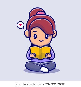 Cute Girl Reading Book Cartoon Vector Icon Illustration. People Education Icon Concept Isolated Premium Vector. Flat Cartoon Style