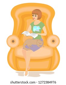 Cute girl reading a book in the chair. The lady is holding a cat, the animal is sleeping. Joyous mood and comfort. Vector illustration.