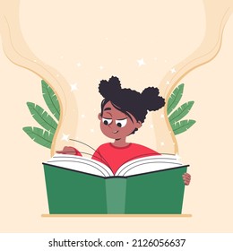 Cute girl reading a book. Children reading or studying with book. Black skin female with book, readers, young fans of literature. Modern flat cartoon colorful vector illustration with place for text.