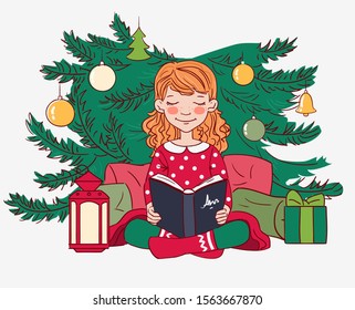 Cute girl reading book. Christmas tree with presents. Christmas vector illustration in bright colors. 
