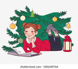 Cute girl reading book. Christmas tree with presents. Christmas vector illustration in bright colors