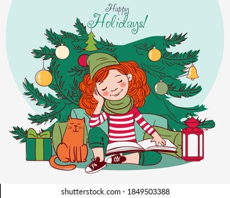 Cute girl reading book. Christmas tree with presents. Christmas vector illustration in bright colors