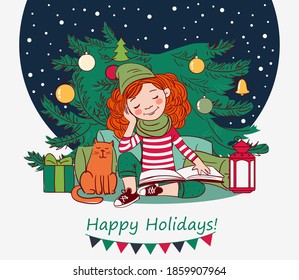Cute girl reading book. Christmas tree with presents. Christmas vector illustration in bright colors