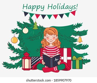Cute girl reading book. Christmas tree with presents. Christmas vector illustration in bright colors