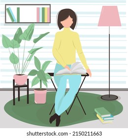 Cute girl reading a book in a cozy living room.Illustration in pastel colors.Vector.