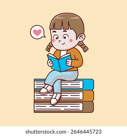 menina bonito leitura livro, dicionário, romance. vetor ilustração contorno